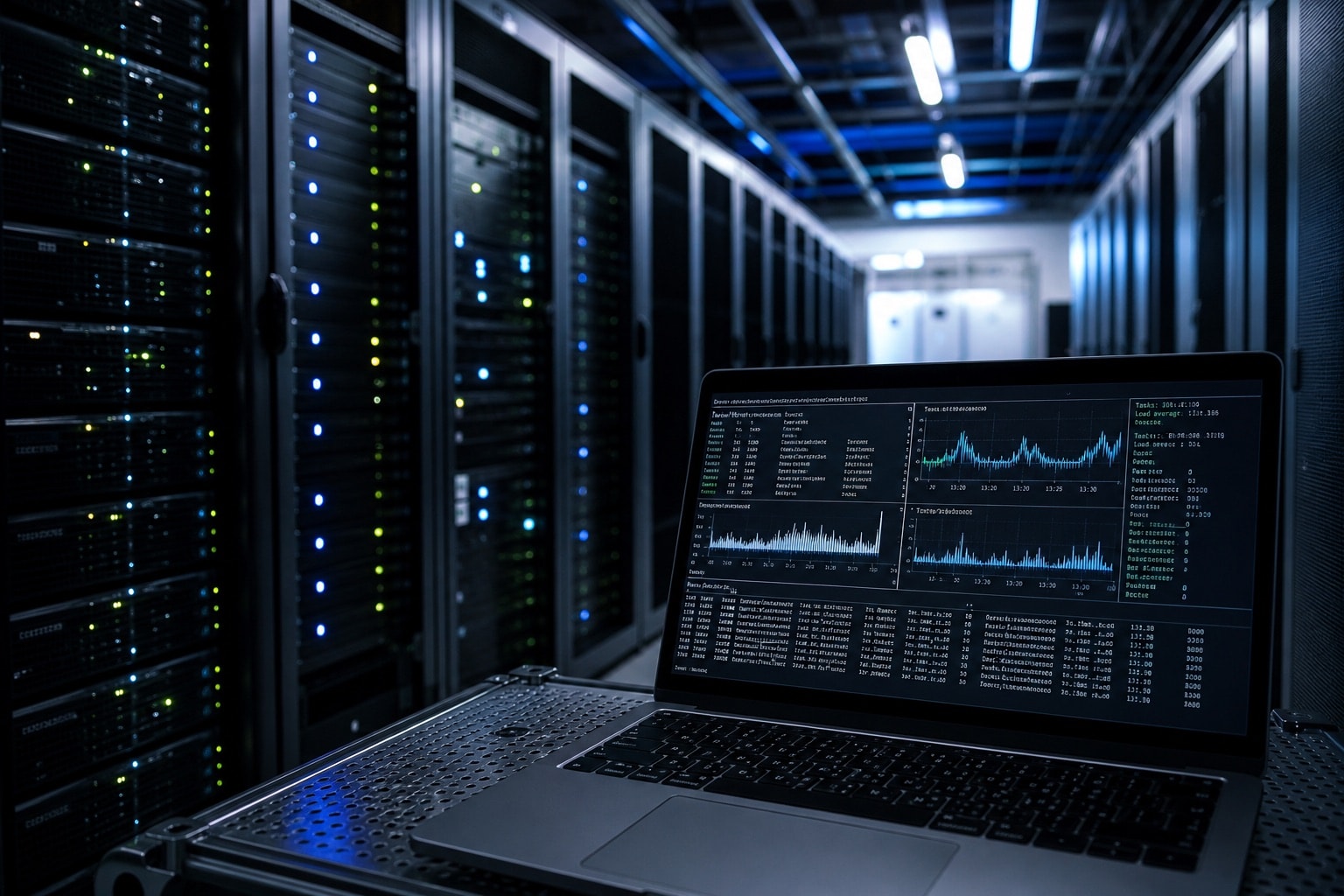 Infrastructure monitors and a laptop in a production environment